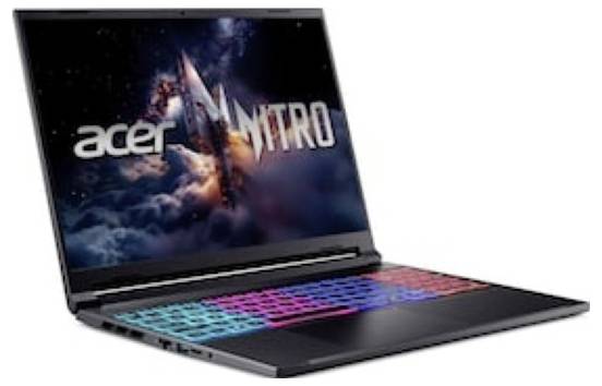 Acer Nitro Gaming-Laptop mit einer beleuchteten, farbenfrohen RGB-Tastatur, auf dessen Bildschirm ein weltraumthematisches Hintergrundbild zu sehen ist.