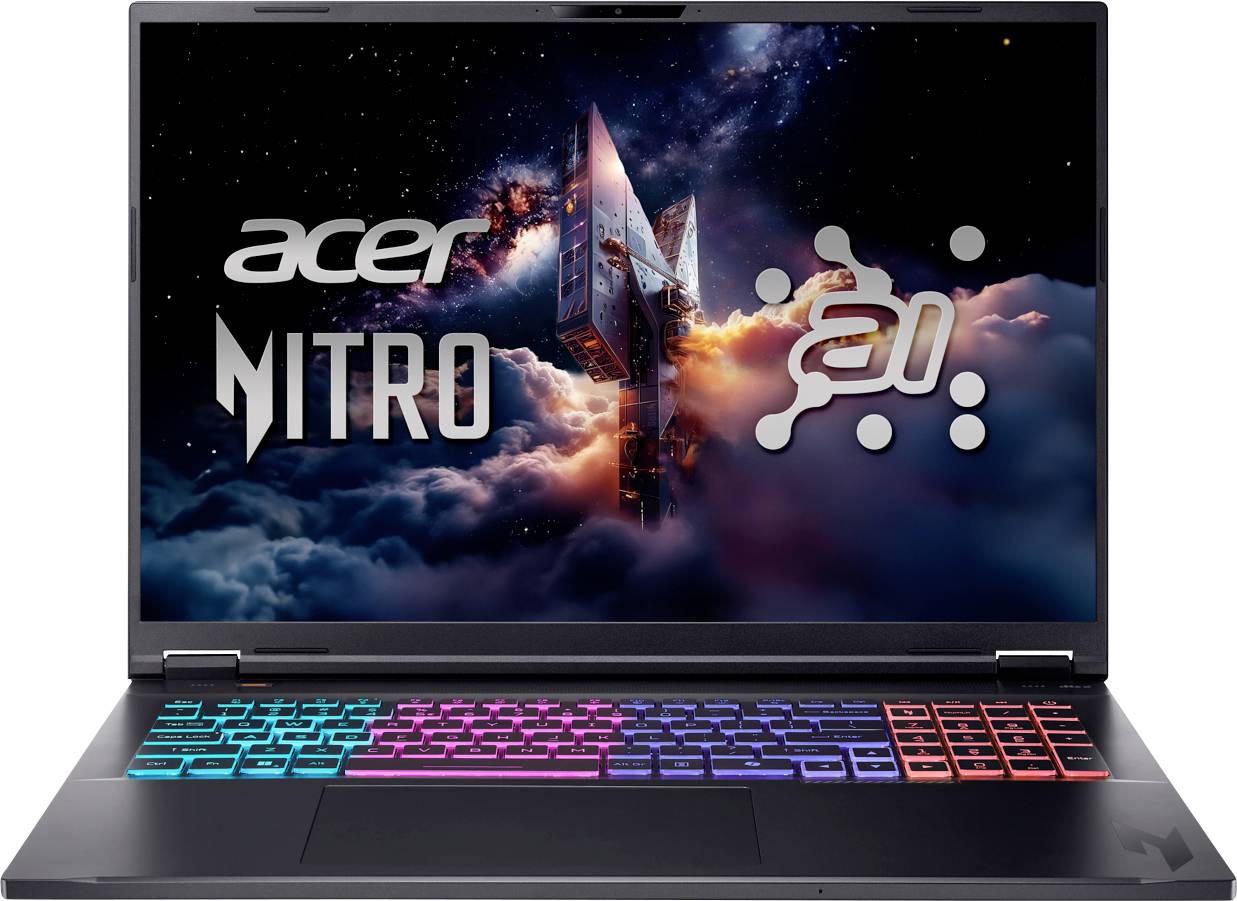 Ein Laptop, der ein farbenfrohes weltraumthematisches Hintergrundbild mit den Logos 'Acer Nitro' und 'AI' zeigt. Die Tastatur ist mit mehrfarbiger Hintergrundbeleuchtung illuminiert.