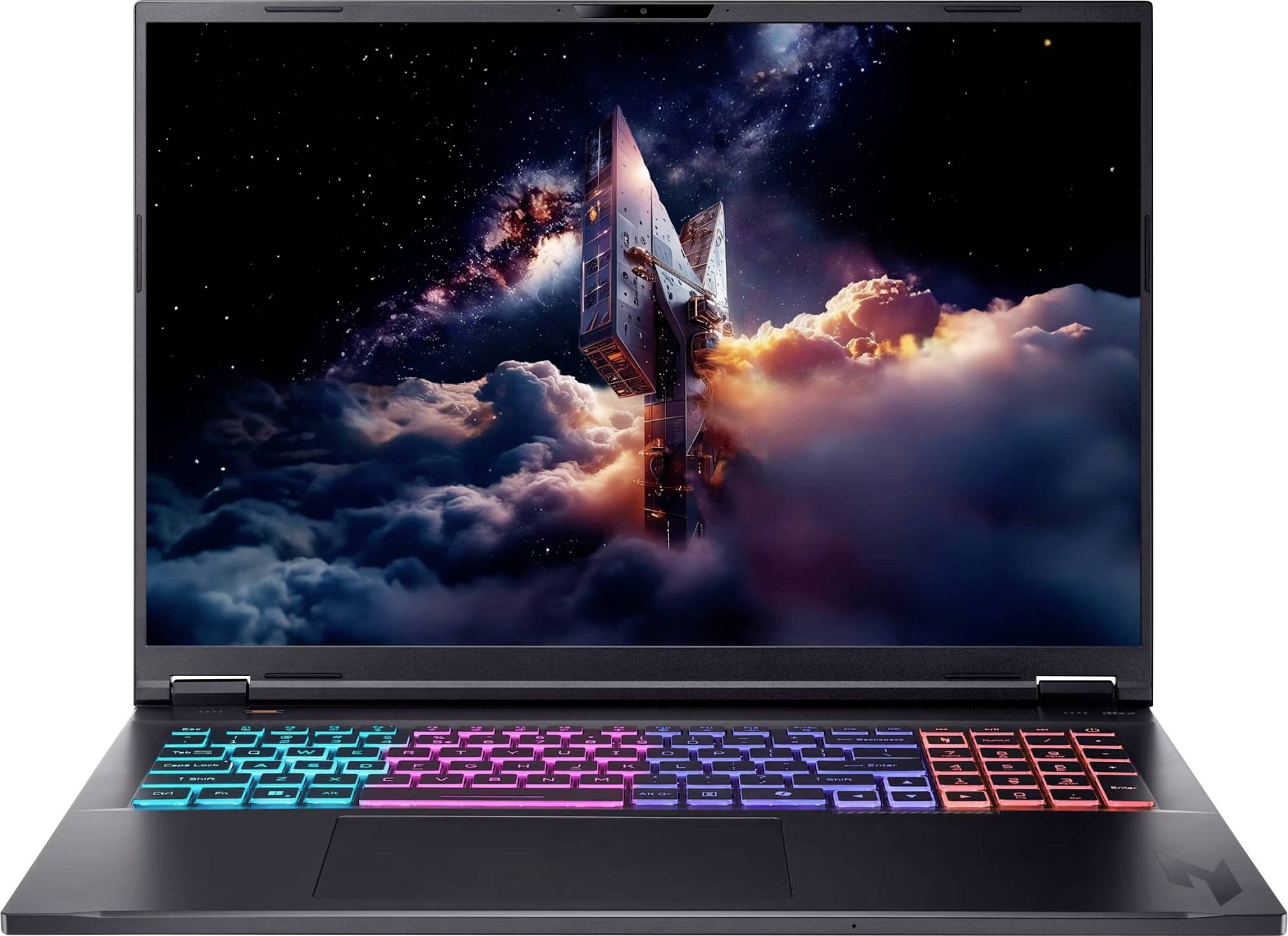 Ein Laptop mit einer farbenfrohen beleuchteten Tastatur zeigt auf seinem Bildschirm ein Bild eines Raumschiffs, das durch Wolken und den Weltraum gleitet.