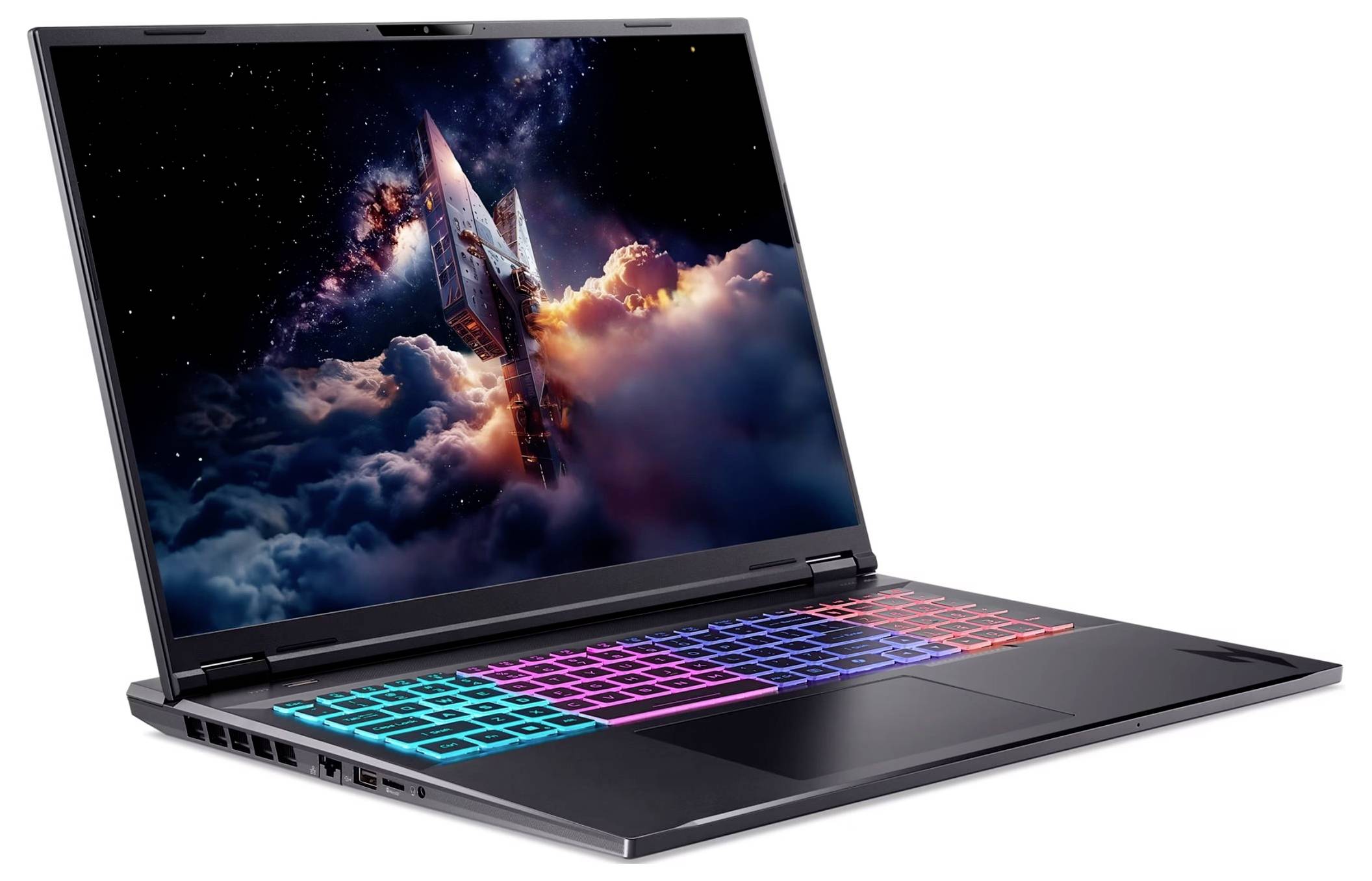 Ein Laptop, der ein lebendiges weltraumthematisches Bild auf dem Bildschirm zeigt, mit einer farbenfroh hintergrundbeleuchteten Tastatur auf einem weißen Hintergrund.