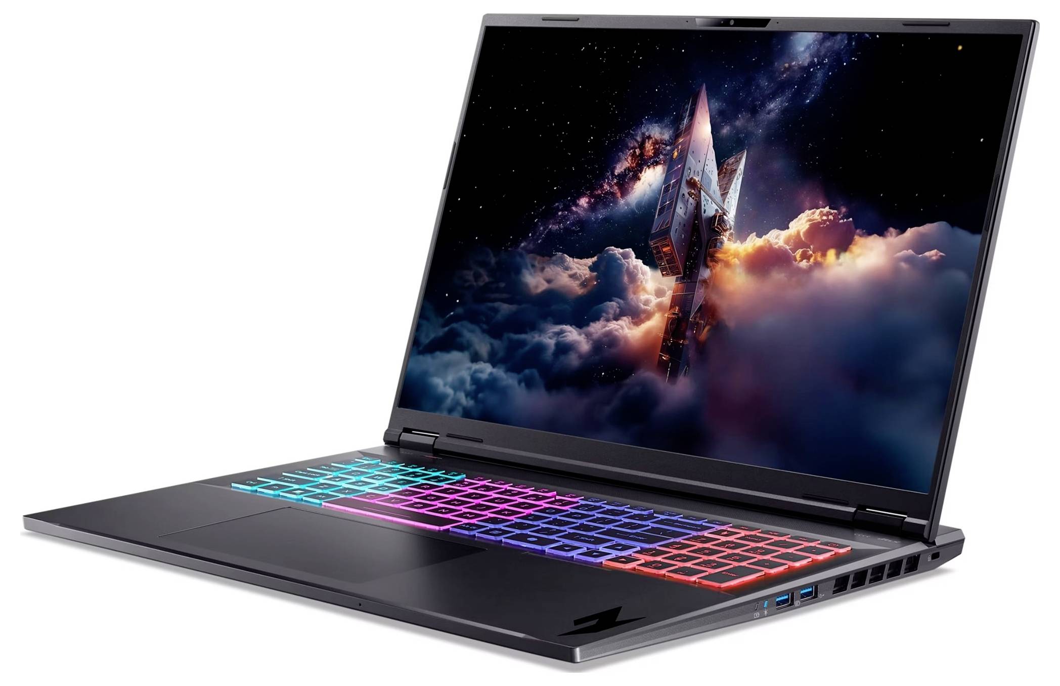 Ein schlankes Laptop mit einer farbenfrohen beleuchteten Tastatur, auf dessen Bildschirm eine lebendige Weltraumszene zu sehen ist, die ein futuristisches Raumschiff zwischen Wolken zeigt.