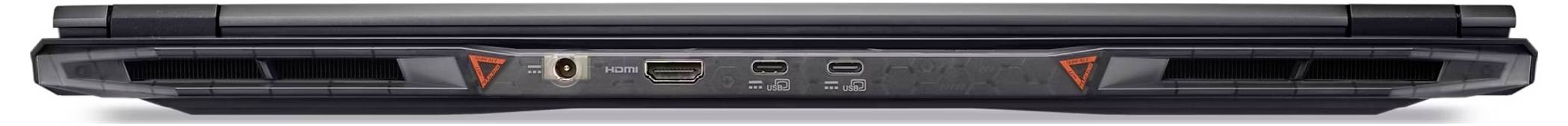 Ein schwarzer Laptop von hinten, der verschiedene Anschlüsse wie HDMI, USB und Ethernet zeigt. Das Design weist rote Akzente auf.