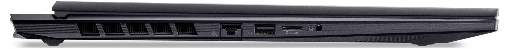 Seitenansicht eines geschlossenen schwarzen Laptops, der Lüftungsschlitze, Anschlüsse und Kartensteckplätze am Rand zeigt.