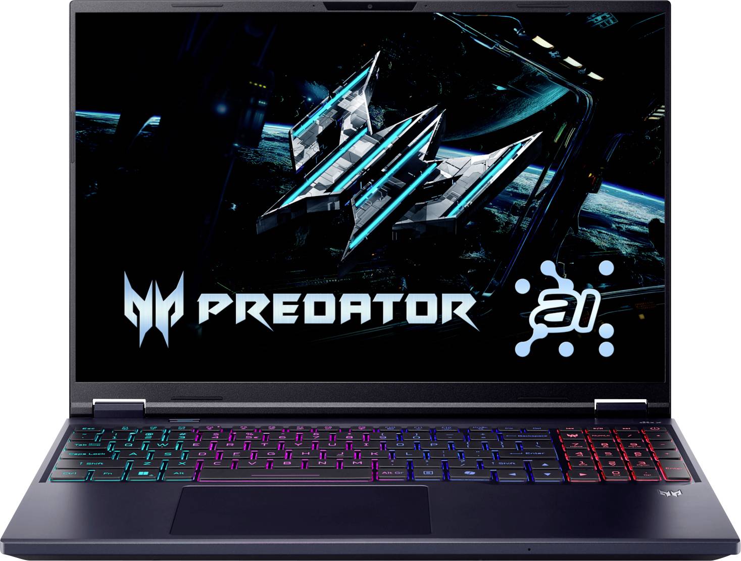 Ein Gaming-Laptop mit einer leuchtenden RGB-Tastatur, auf dessen Bildschirm ein futuristisches Grafikdesign mit dem Wort ‚PREDATOR' und einem digitalen Emblem zu sehen ist.