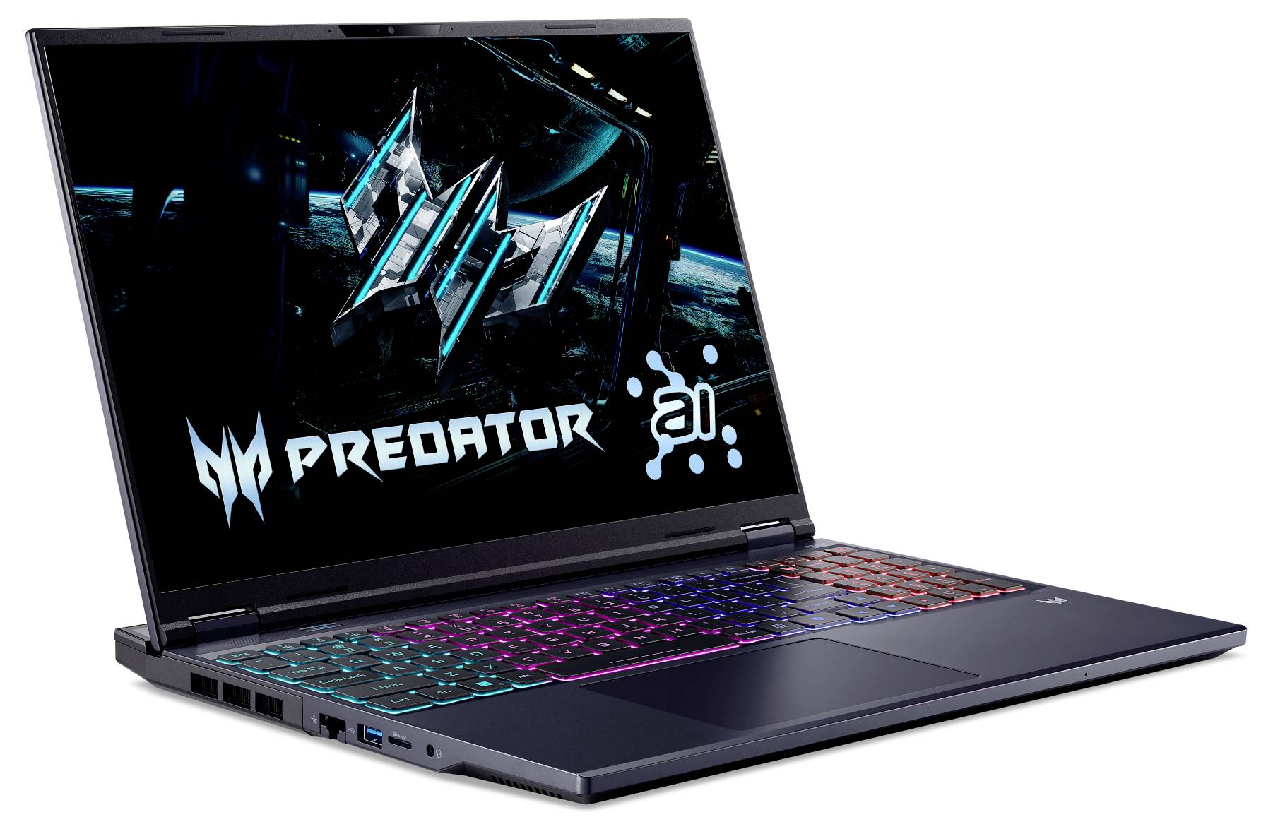 Gaming-Laptop des Modells 'Predator' mit RGB-Tastatur, auf dem futuristische Grafiken und Logos auf dem Bildschirm angezeigt werden. Seitenansicht mit Anschlüssen.