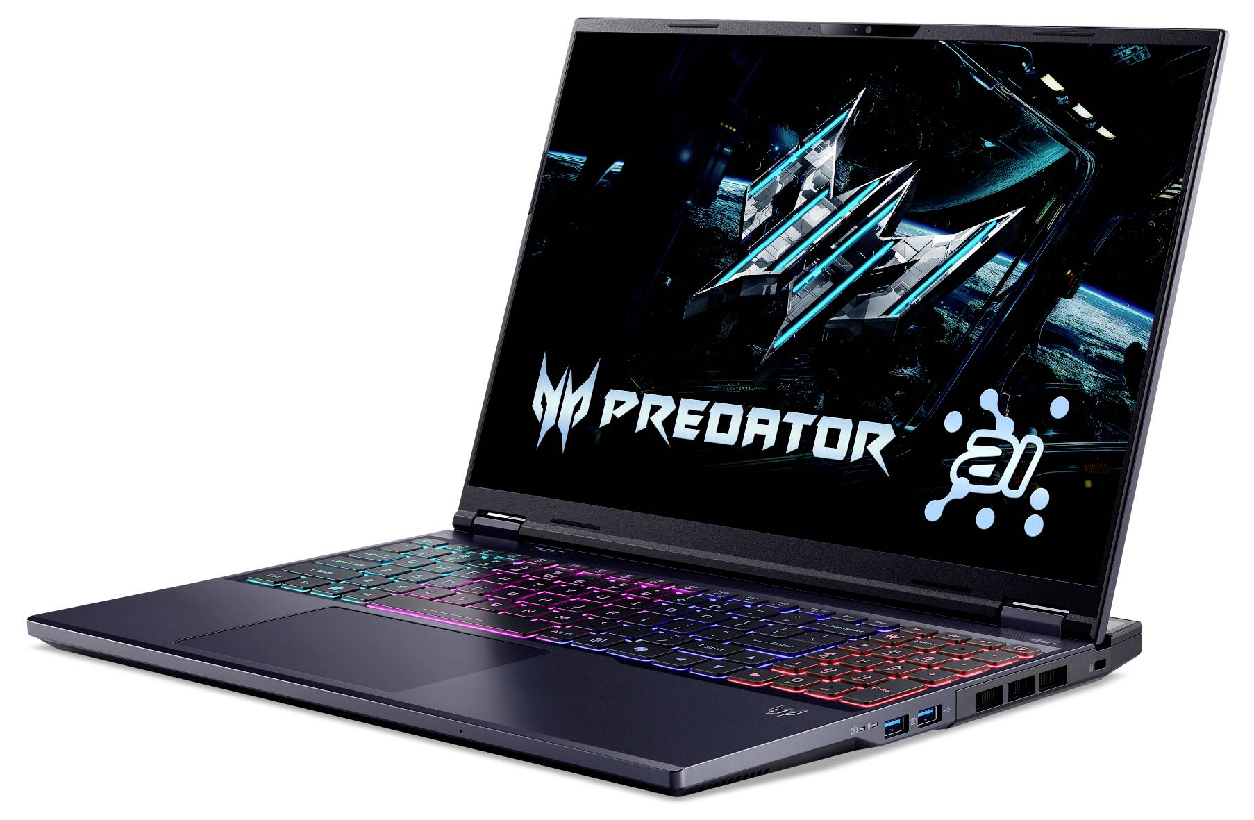 Ein Laptop, der eine futuristische Schnittstelle mit dem 'Predator' Logo auf dem Bildschirm zeigt. Die Tastatur ist mit bunten Lichtern hintergrundbeleuchtet.