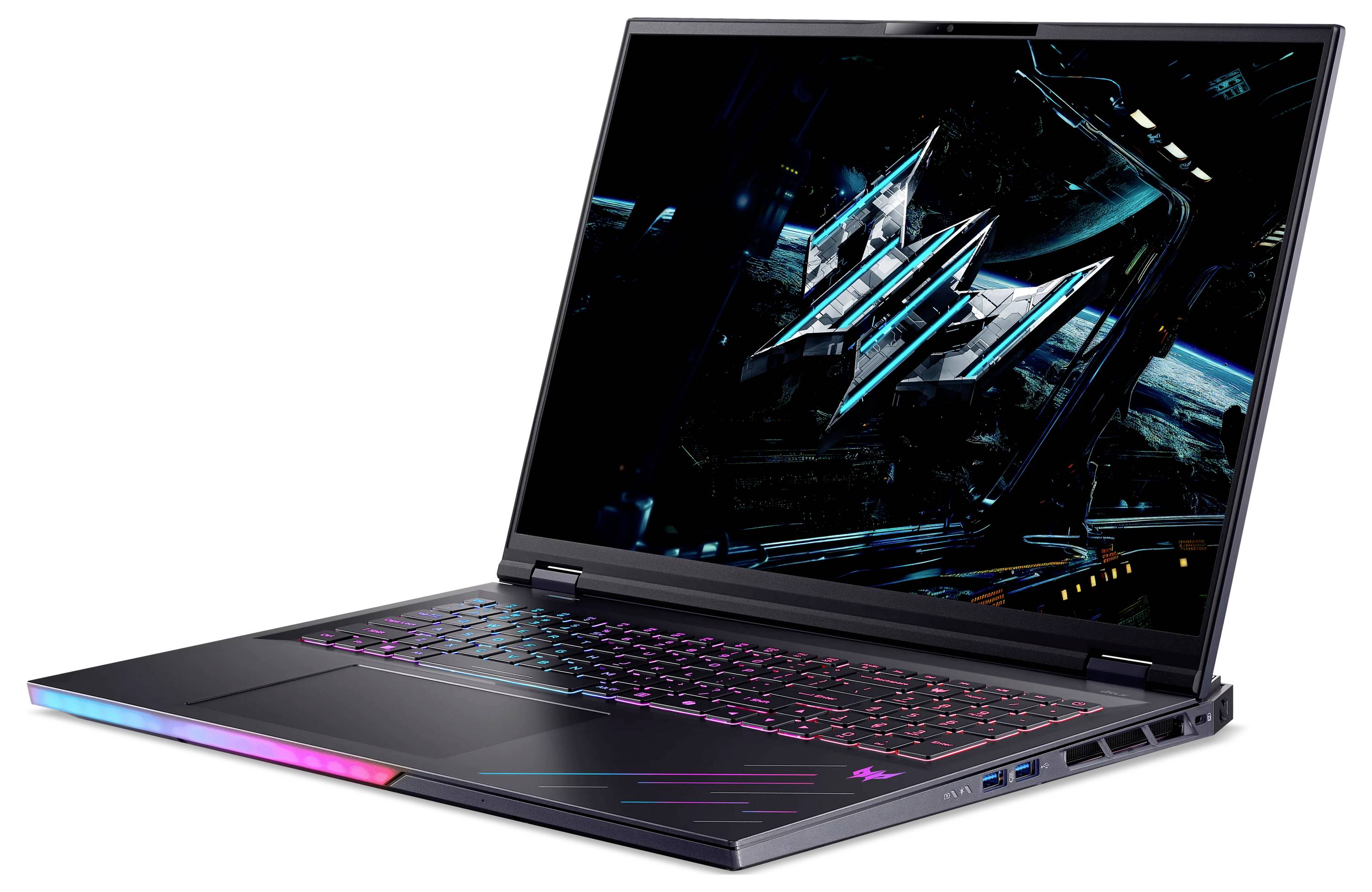 Ein schlankes, modernes Laptop mit einer bunten beleuchteten Tastatur und einem futuristischen Bild auf dem Bildschirm, das von kantigen metallischen Formen geprägt ist.