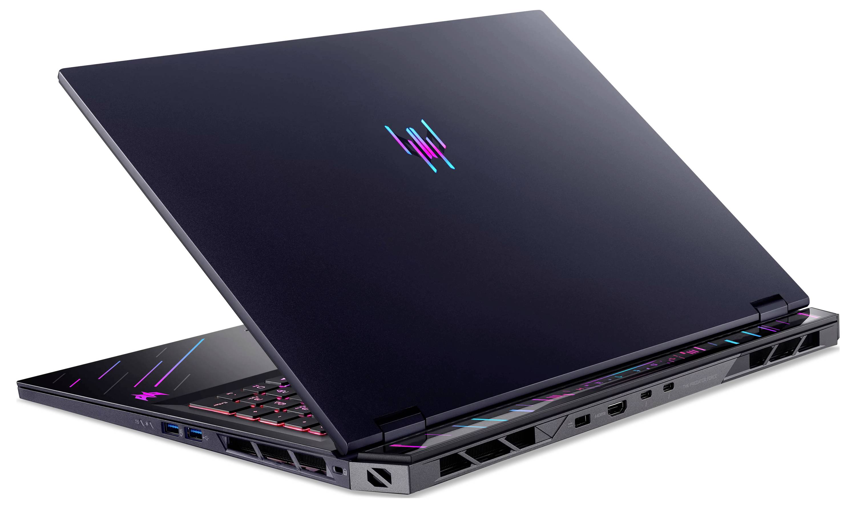Ein schlankes, schwarzes Gaming-Laptop, das teilweise geöffnet ist und ein farbenfroher, leuchtender Logo auf der Rückseite sowie RGB-Beleuchtung von der Tastatur zeigt.