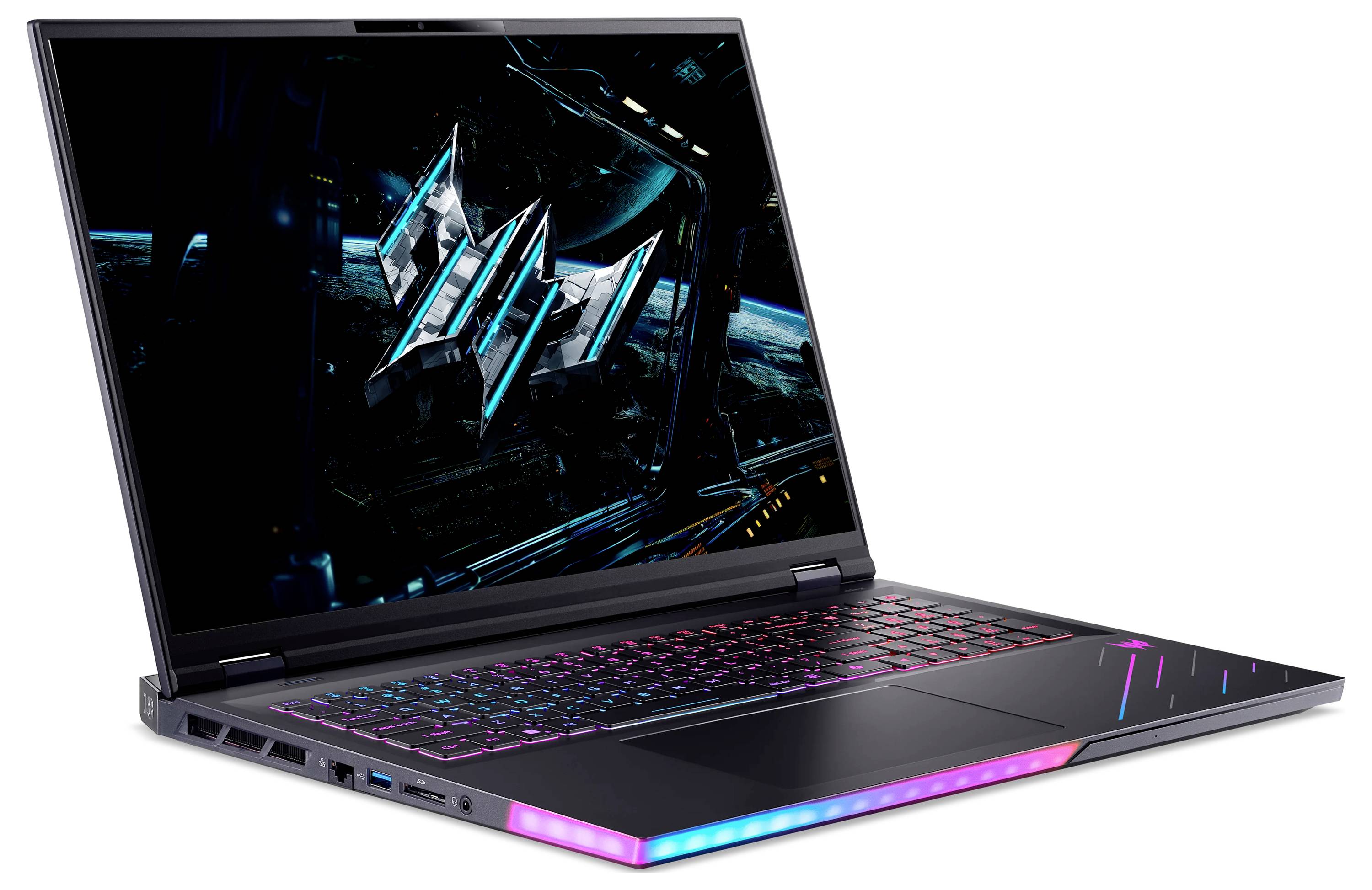 Ein schlankes schwarzes Laptop mit einem leuchtenden Logo auf dem Bildschirm und einer bunten beleuchteten Tastatur. Die Kanten sind mit RGB-Beleuchtung beleuchtet.