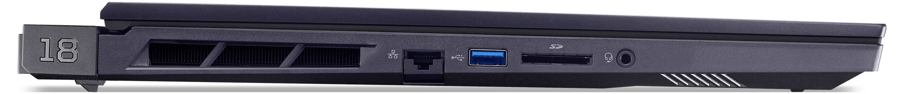 Seitenansicht eines geschlossenen schwarzen Laptops mit Kühlöffnungen, Ethernet-Anschluss, USB-Anschluss, Kopfhörerbuchse und der Zahl '18' an der Seite.