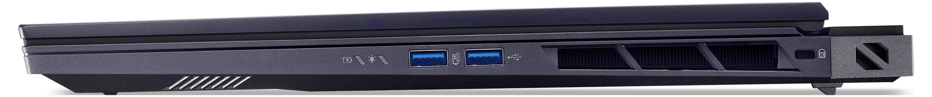 Eine Seitenansicht eines geschlossenen Laptops, die zwei USB-Anschlüsse und einen Lüftungsschlitz zeigt und dabei die Konnektivitäts- und Kühlungseigenschaften hervorhebt.