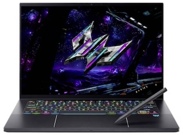 Ein schlankes Laptop mit einer lebendigen, bunten Tastatur und einem digitalen Stift. Der Bildschirm zeigt ein futuristisches, Neon-Weltraum-inspiriertes Design.