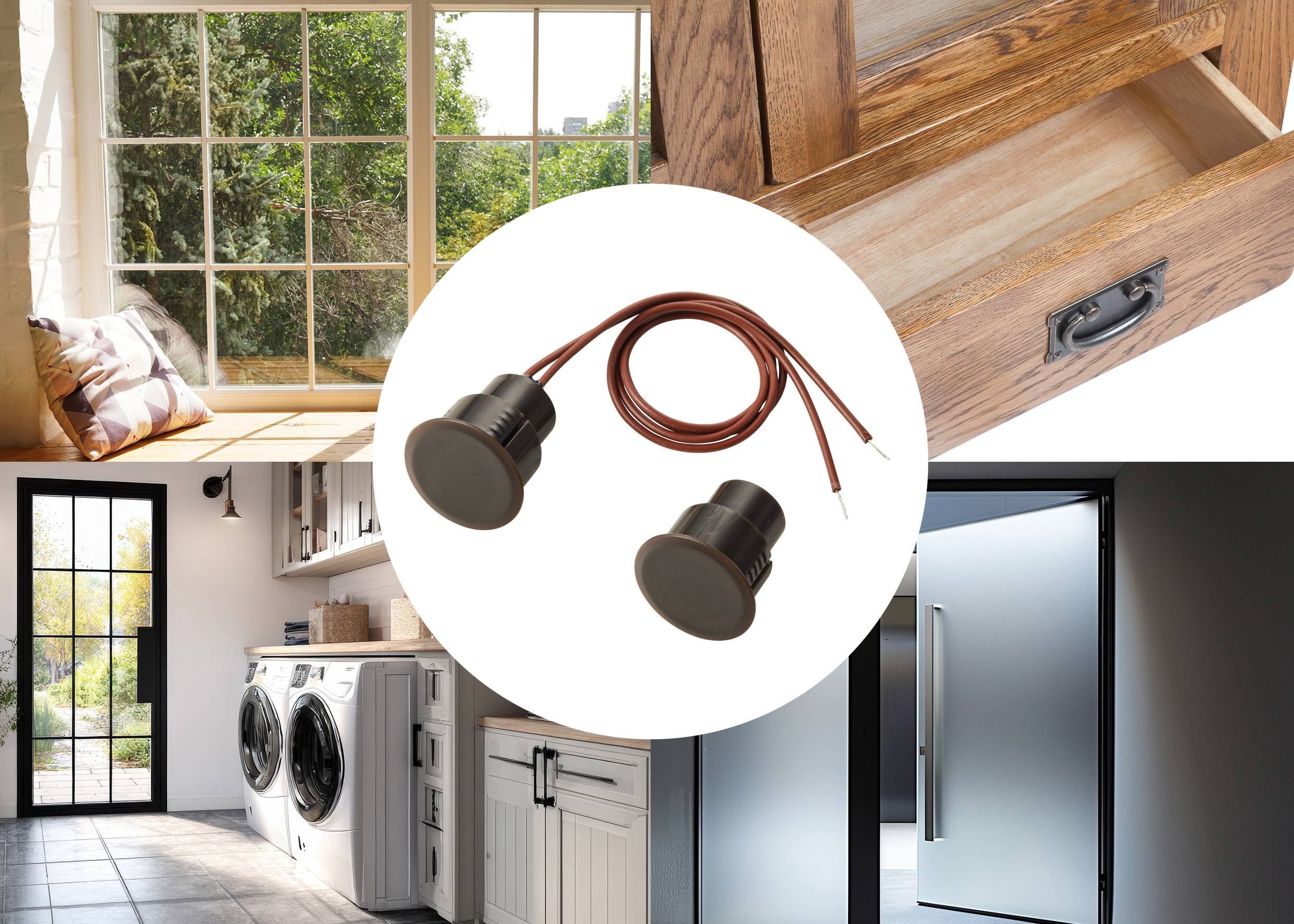 Holzbraun versenkter runder Türkontaktsensor für verborgene Schranktürüberwachungssysteme, gezeigt in Wohnraumeinrichtungen.