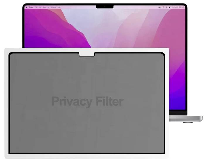 Ein Laptop-Bildschirm zeigt einen lebendigen, farbenfrohen Hintergrund, der teilweise von einem Graustufen-Datenschutzfilter verdeckt wird, der den Bildschirminhalt verbirgt.
