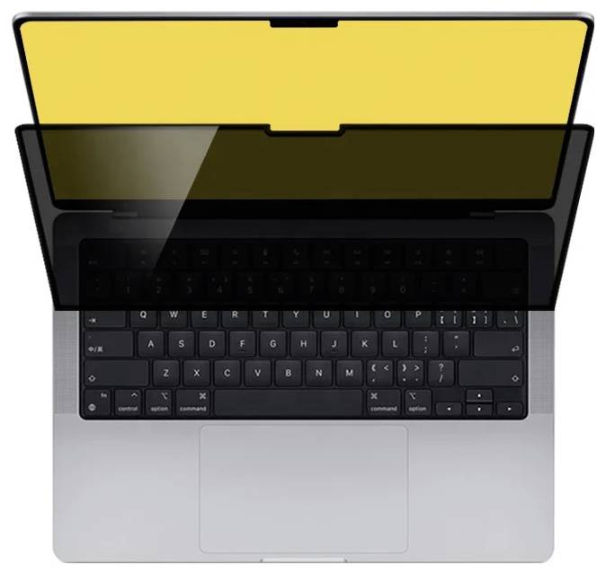 Ein Laptop mit sichtbarer Tastatur, dessen Bildschirm eine leuchtend gelbe Farbe anzeigt. Der Bildschirm scheint teilweise über die Tastatur gefaltet zu sein.