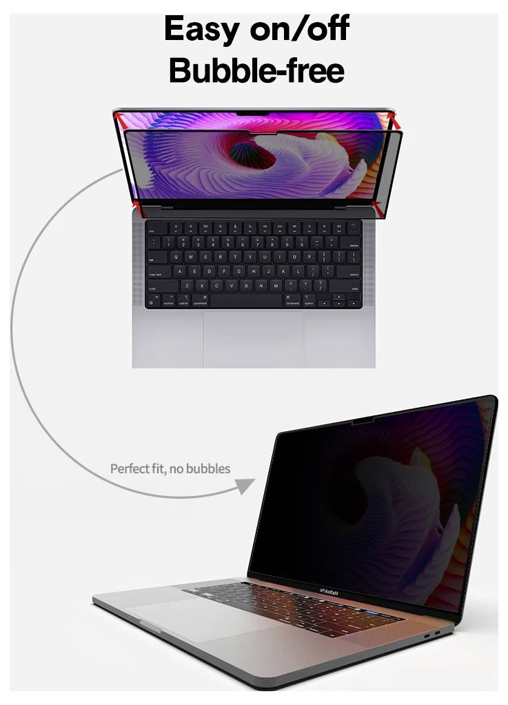 Ein Laptop mit einer Displayschutzfolie, die gerade angebracht wird. Der Text lautet „Einfach an/aus, blasenfrei