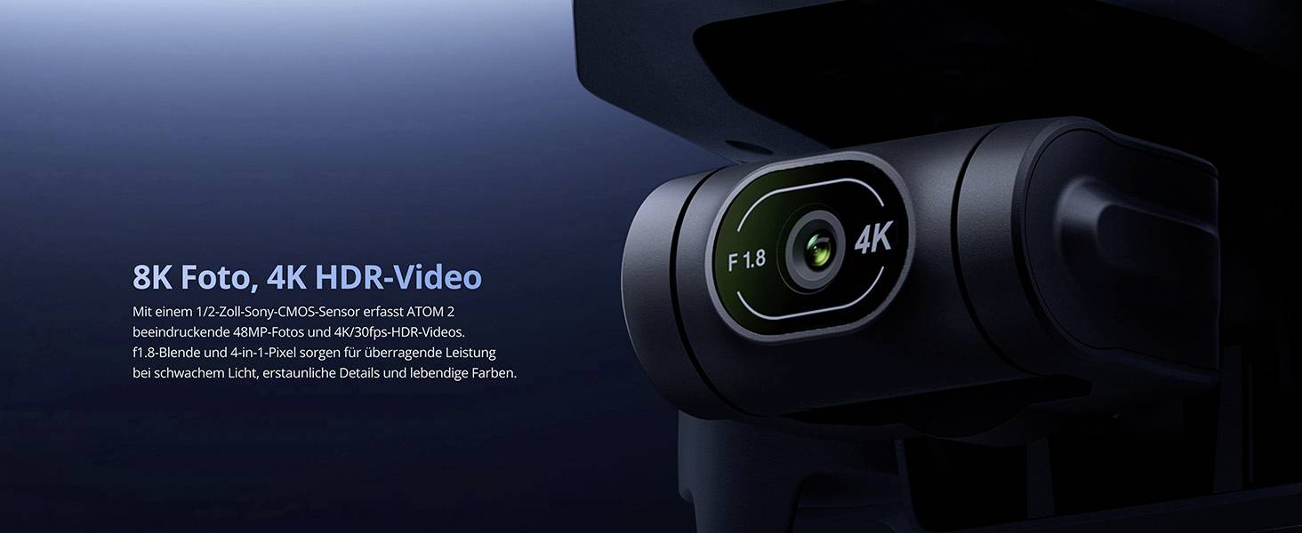 Nahaufnahme einer Kameraobjektiv mit Text: '8K Foto, 4K HDR-Video'. Details umfassen einen 12,8-Blenden Sony CMOS-Sensor, F1,8, für verbesserte Leistung.