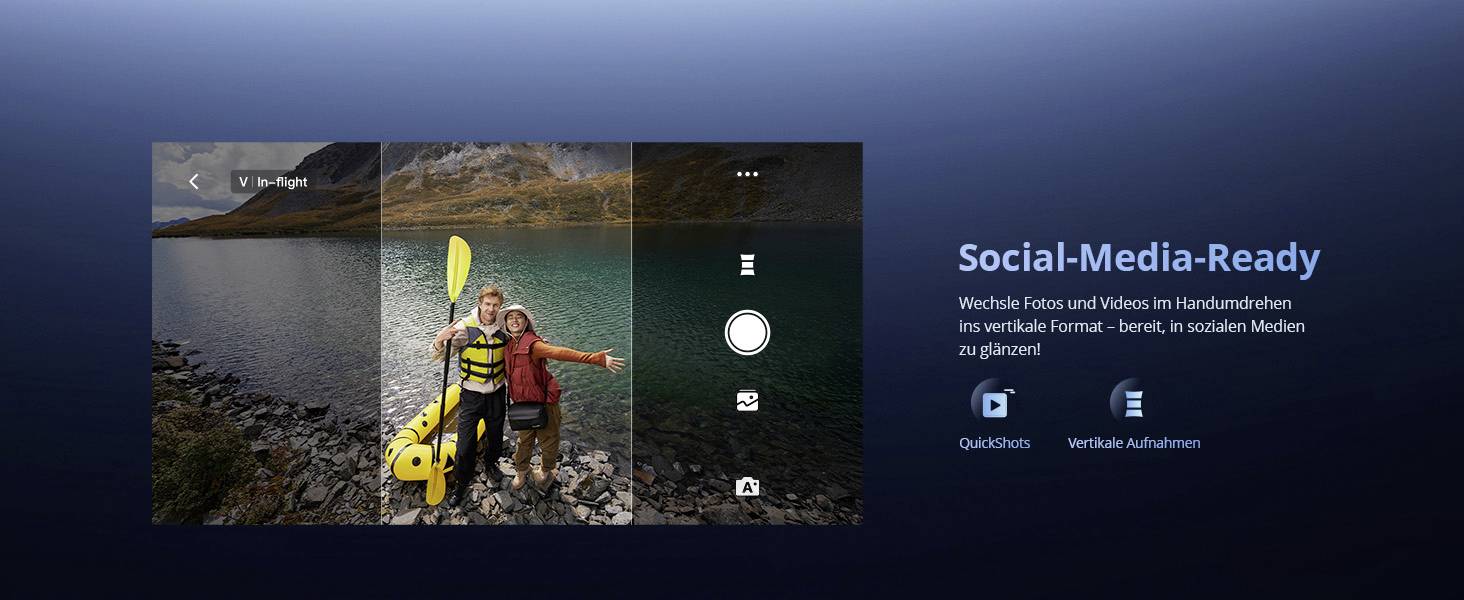 Eine Smartphone-Kamera-Schnittstelle zeigt ein Paar, das an einem See mit Bergen ein Selfie macht. Der Text lautet 