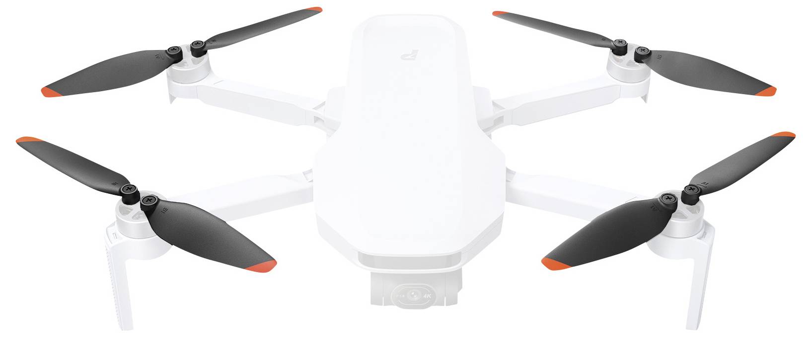 Eine weiße Quadrokopter-Drohne mit schwarzen Propellern und orangefarbenen Spitzen, von oben betrachtet.