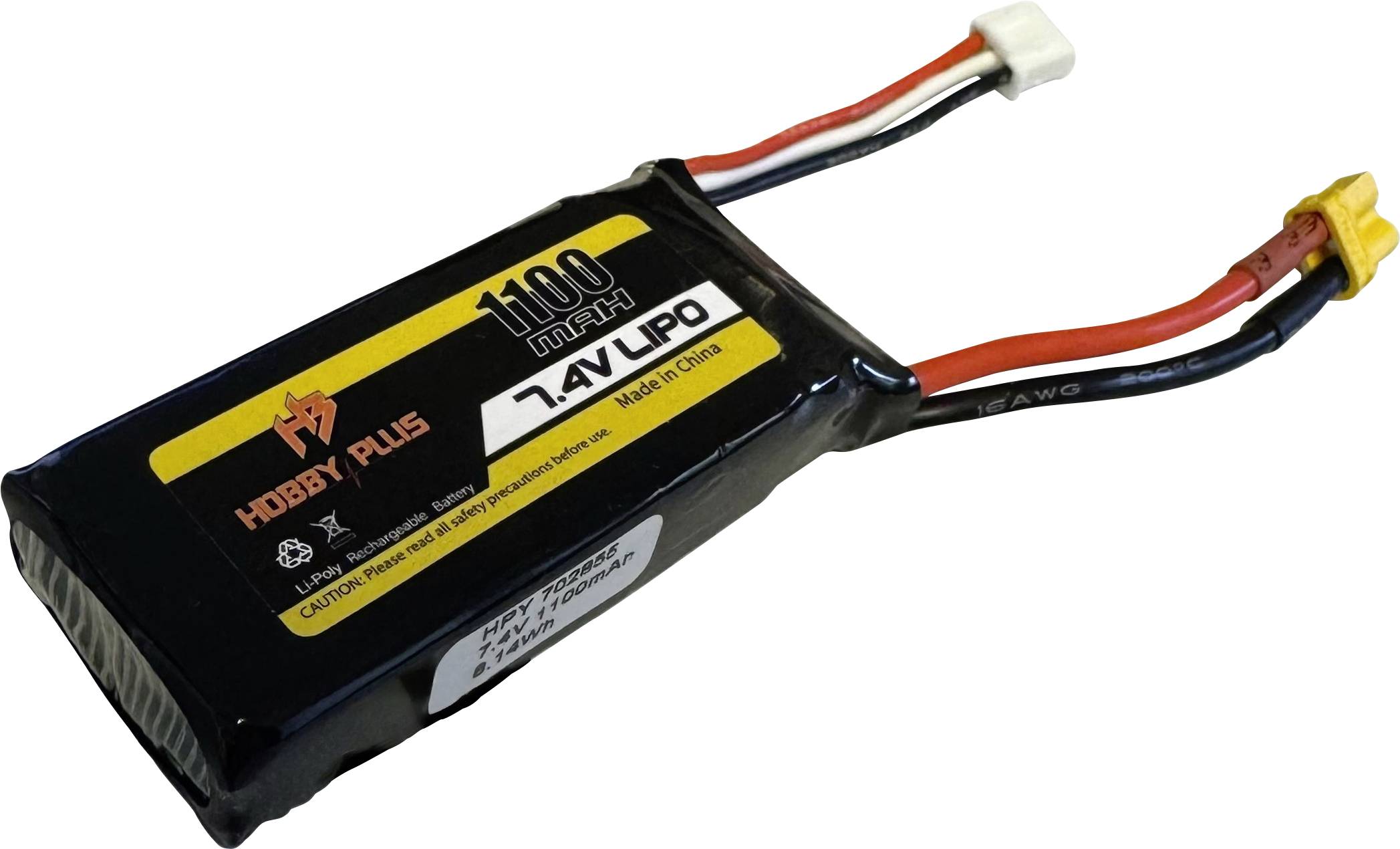 Lipo-Akku, 1100 mAh, 7,4V, 2-zellig mit Anschlüssen, beschriftet mit Hobby Plus, Hergestellt in China, Warnhinweis vorhanden.