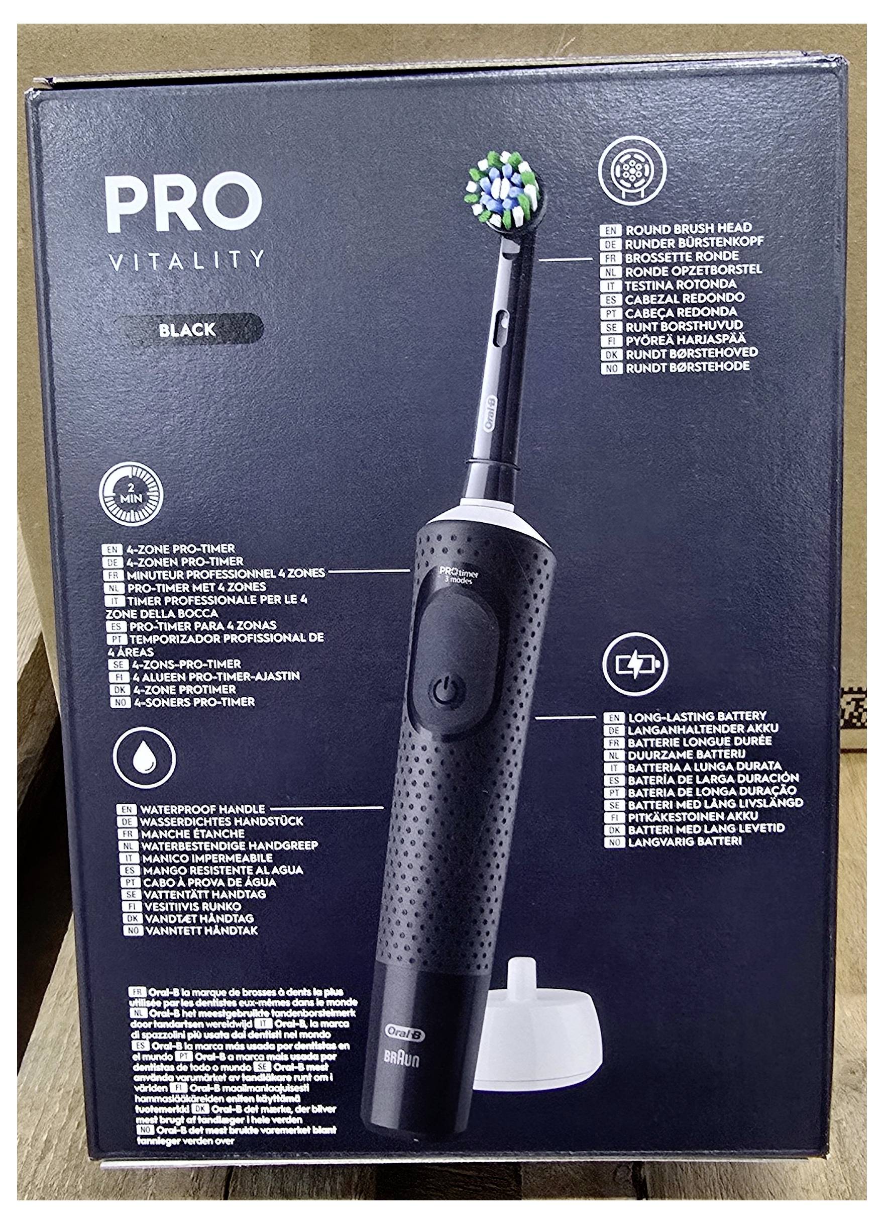 Pro Vitality Black elektrische Zahnbürste mit runder Bürstenköpfung, 4 Reinigungsmodi, langlebigem Akku und wasserdichtem Griff.