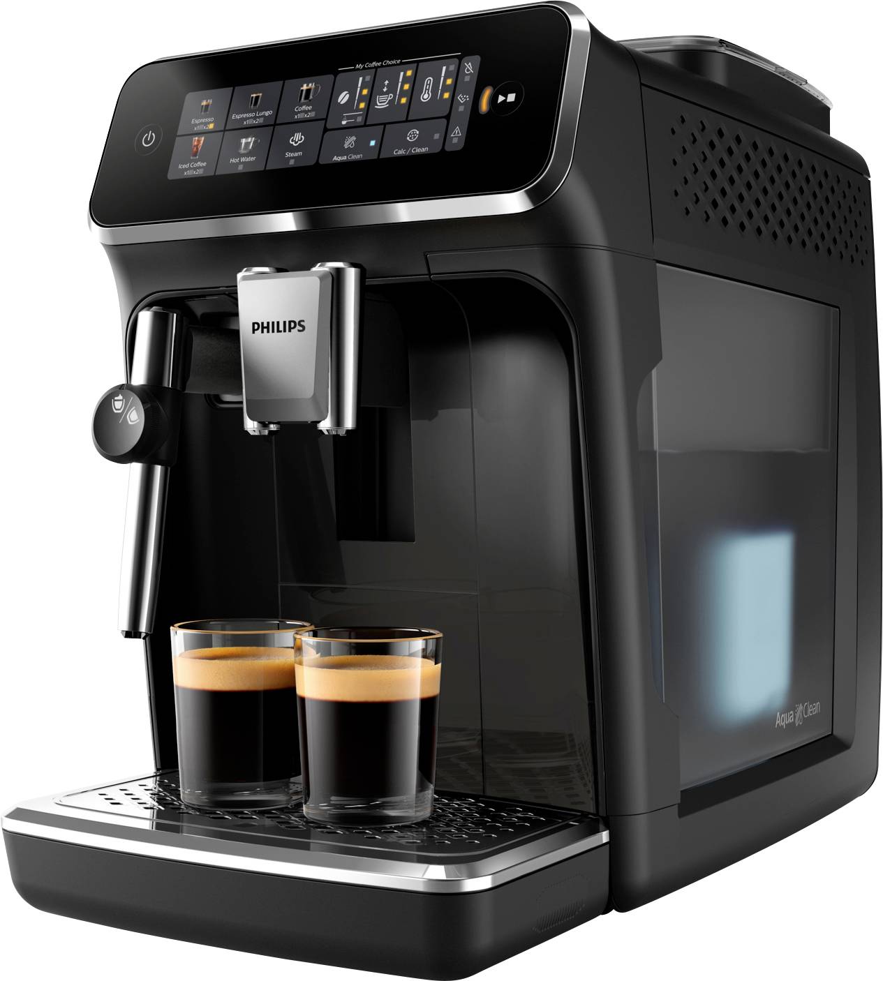 Eine schwarze Philips-Espressomaschine mit Touchscreen-Oberfläche bereitet zwei Tassen Kaffee zu, während Dampf von den Getränken aufsteigt.