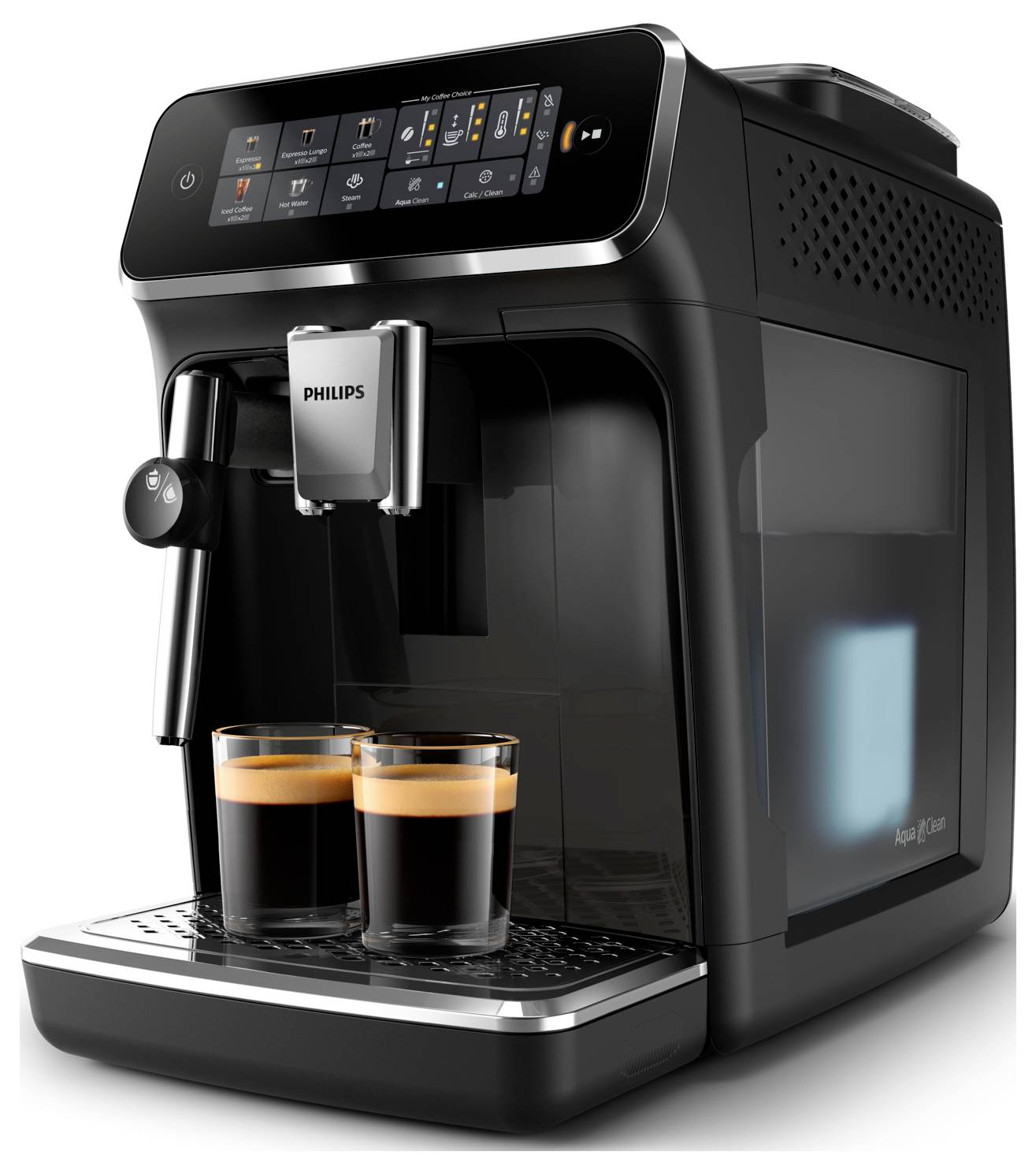 Eine schwarze Espressomaschine mit digitalem Display braut zwei Espresso-Tassen und zeigt einen aktiven Brühvorgang mit Dampf, der aus der Ausgussöffnung entweicht.