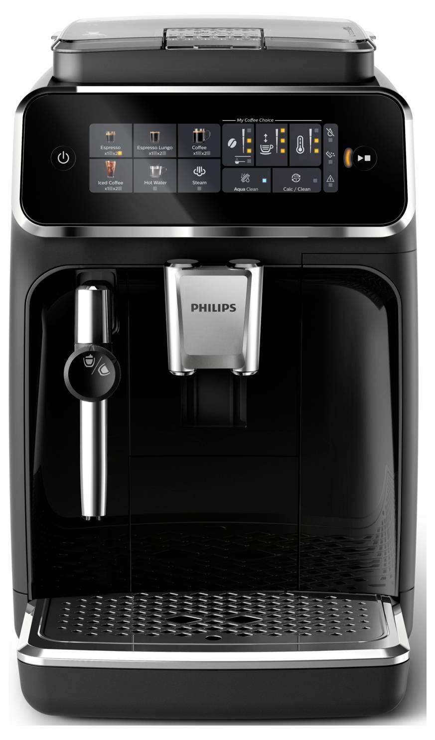 Eine schwarze, moderne Espressomaschine mit einem digitalen Display, die verschiedene Kaffeespezialitäten wie Espresso und Cappuccino anzeigt. Ausgestattet mit einer Dampfdüse.