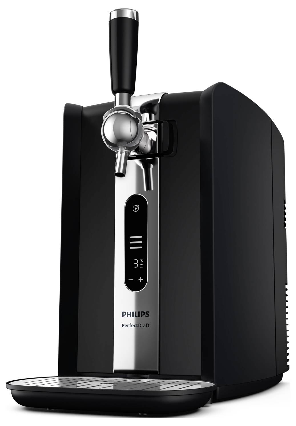 Ein schwarzer und edelstahlfarbener Bierspender mit Chromhahn und digitaler Anzeige, der Marke 'PHILIPS PerfectDraft', für den Heimgebrauch entwickelt.