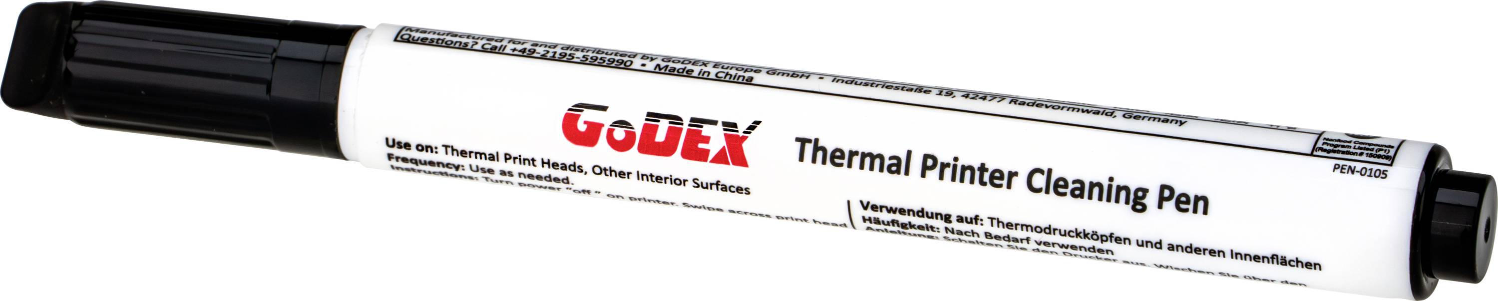 Ein 'GoDEX Thermal-Drucker-Reinigungsstift' mit schwarzer Kappe und weißem Gehäuse. Entwickelt zum Reinigen von Thermoprintköpfen und anderen Oberflächen.