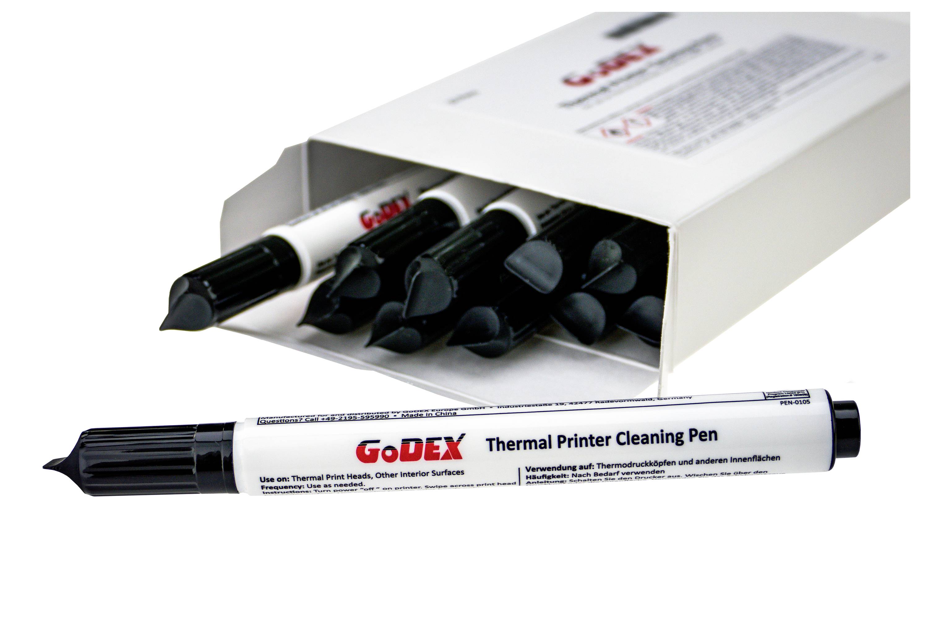 GoDEX Thermaldrucker-Reinigungsstift, der außerhalb eines geöffneten Kartons mit ähnlichen schwarzkappenartigen Stiften gezeigt wird. Verwendet zur Reinigung von Thermoköpfen und -oberflächen.