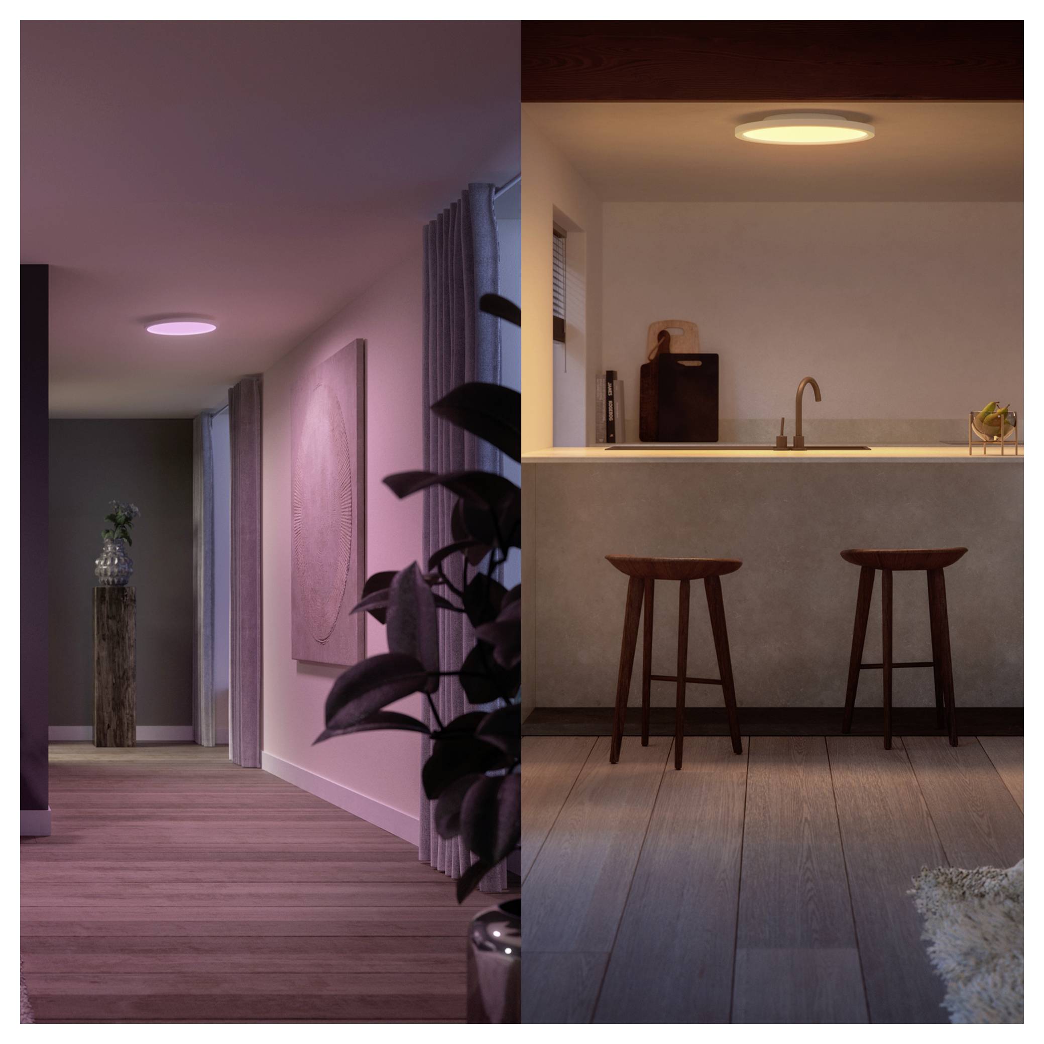 Ein gemütlicher Wohnbereich, der in zwei Beleuchtungsszenen unterteilt ist: links mit violettem Akzentlicht und rechts mit warmem, weichem Licht über einem Bartheke.