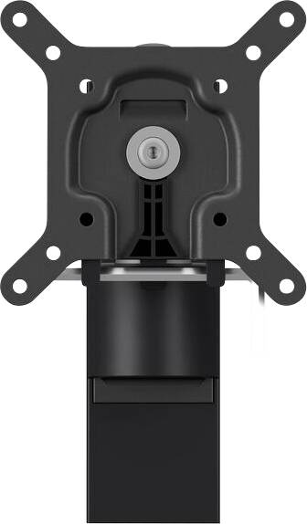 Eine Nahaufnahme einer schwarzen und silbernen VESA-Halterung für einen Monitor, die den verstellbaren Haltearm und den sicheren Befestigungsmechanismus zeigt.