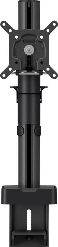 Eine vertikale schwarze TV-Wandhalterung mit verstellbarem Arm und Halterung zur Befestigung eines Flachbildschirms, die in zurückgezogener Position gezeigt wird.