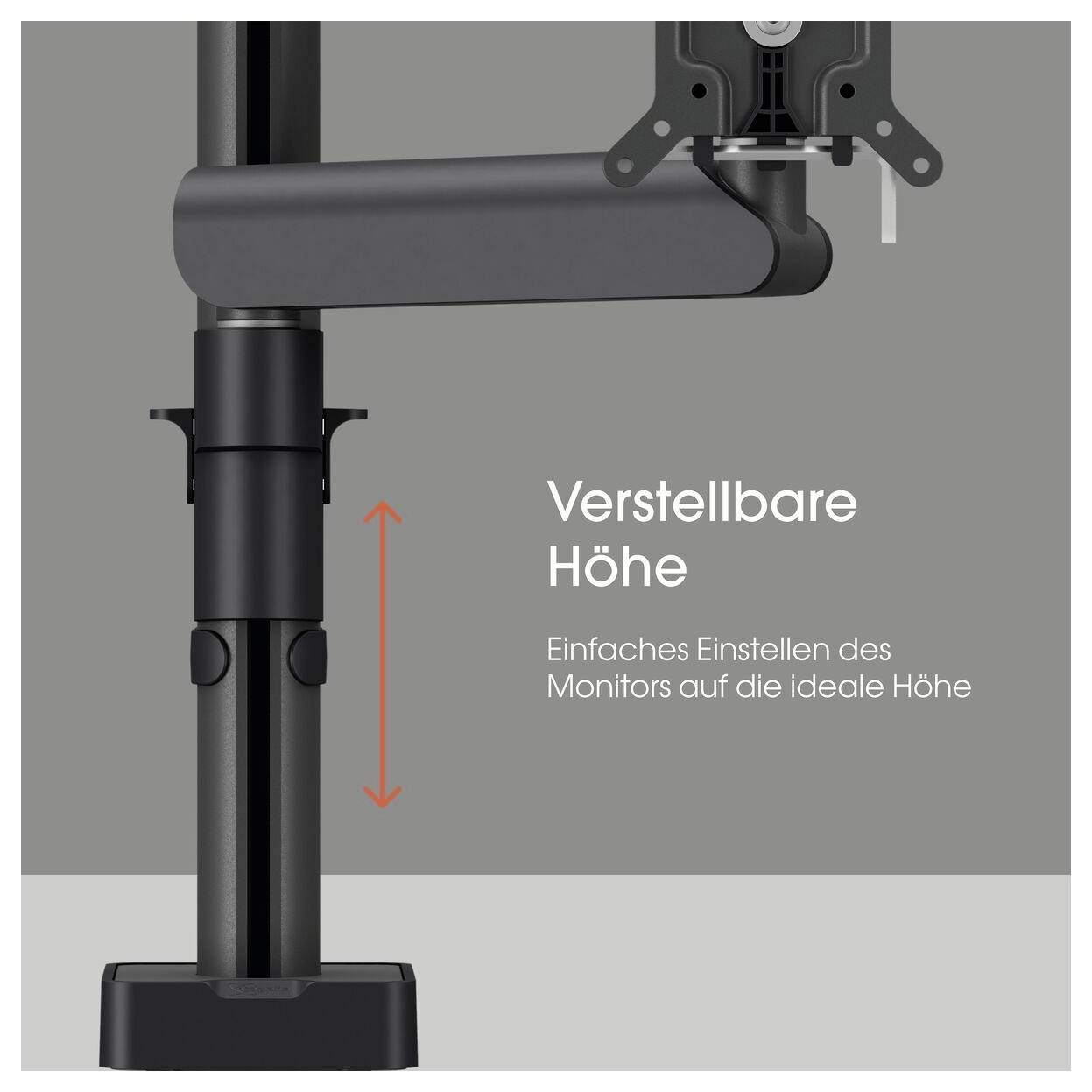 Ein verstellbarer Monitorständer mit einem Pfeil, der auf die Höhenverstellung hinweist. Text: 'Verstellbare Höhe'.