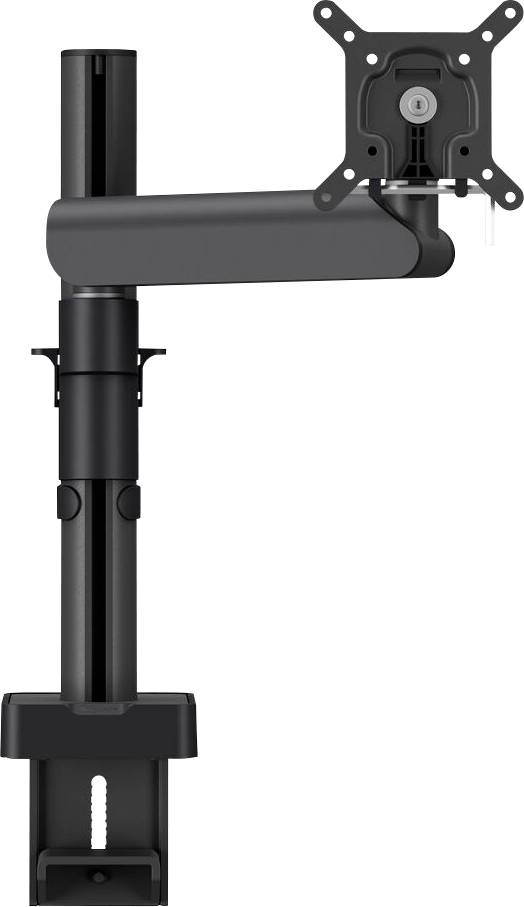 Verstellbarer schwarzer Monitorarm zur Befestigung am Schreibtisch, ausgestattet mit einer gelenkigen Struktur für Schwenk- und Neigungsanpassungen, ideal für ergonomische Einrichtungen.