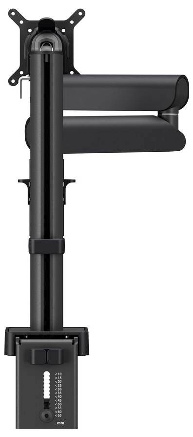 Eine schwarze, verstellbare Monitorhalterung mit mehreren Drehpunkten, die für ergonomische Positionierung konzipiert ist und in einer vertikal ausgestreckten Position gezeigt wird.