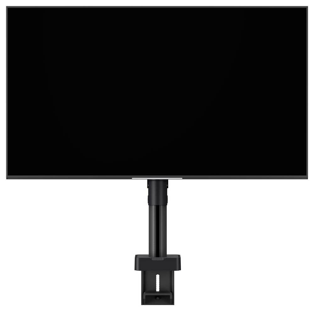 Ein Flachbildschirm-Monitor, der an einem schwarzen, verstellbaren Monitorarm befestigt ist, dargestellt vor einem einfarbigen weißen Hintergrund.