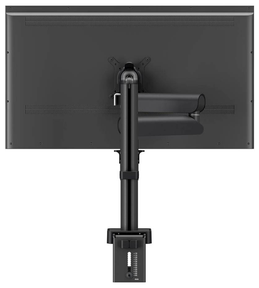 Ein schwarzer Monitor, der an einem verstellbaren Arm befestigt ist, von hinten betrachtet, der die VESA-Halterung und die Kabelmanagement-Funktionen zeigt.