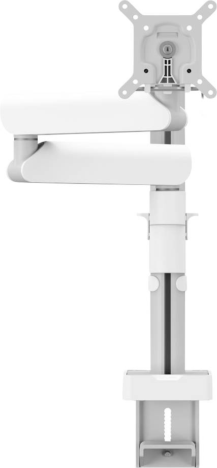 Verstellbarer weißer Monitorarm mit mehreren Gelenken und VESA-Halterung, entwickelt zum Halten eines Computerbildschirms und ermöglicht flexible Positionierung.