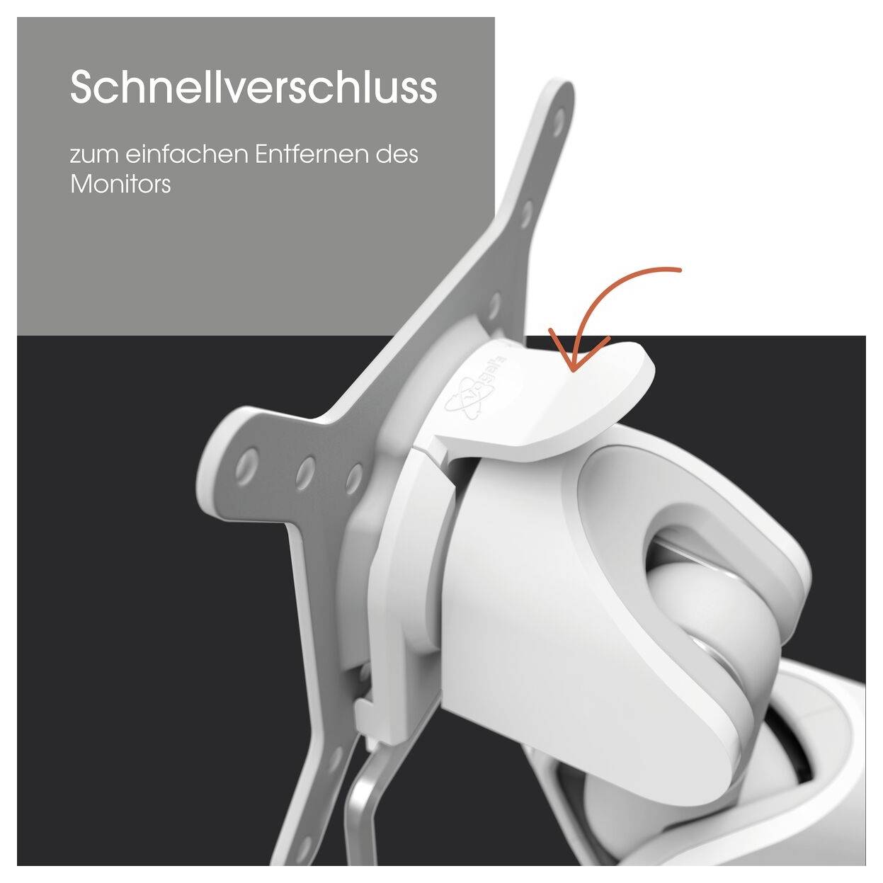'Schnellverschluss zum einfachen Entfernen des Monitors.' Bild zeigt eine weiße Halterung mit Schnellverschluss-Mechanismus.