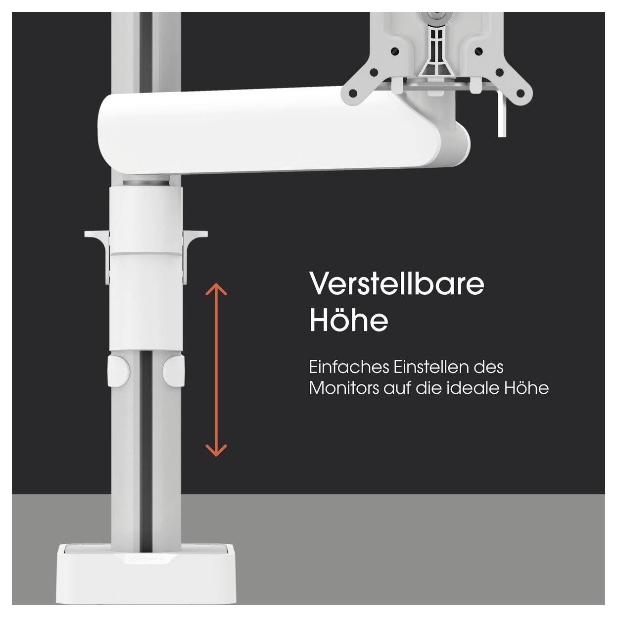 Ein weißer Monitorarm mit verstellbarer Höhe. Text neben dem Arm: 'Verstellbare Höhe – Einfaches Einstellen des Monitors auf die ideale Höhe'.