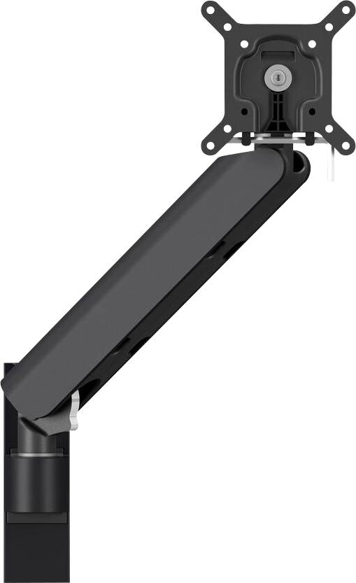 Ein schwarzer, verstellbarer Monitorarm mit einer Montagehalterung, der eine ergonomische Positionierung von Computerbildschirmen auf Schreibtischen ermöglicht.