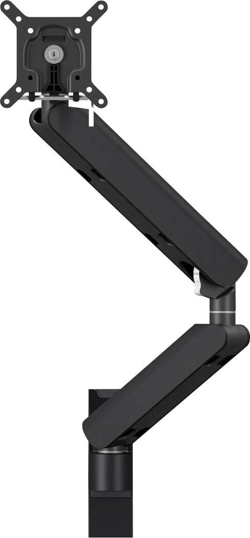 Ein schwarzer, verstellbarer Monitorarm mit mehreren Gelenken für flexible Positionierung, geeignet für ergonomische Arbeitsplatzeinrichtungen.