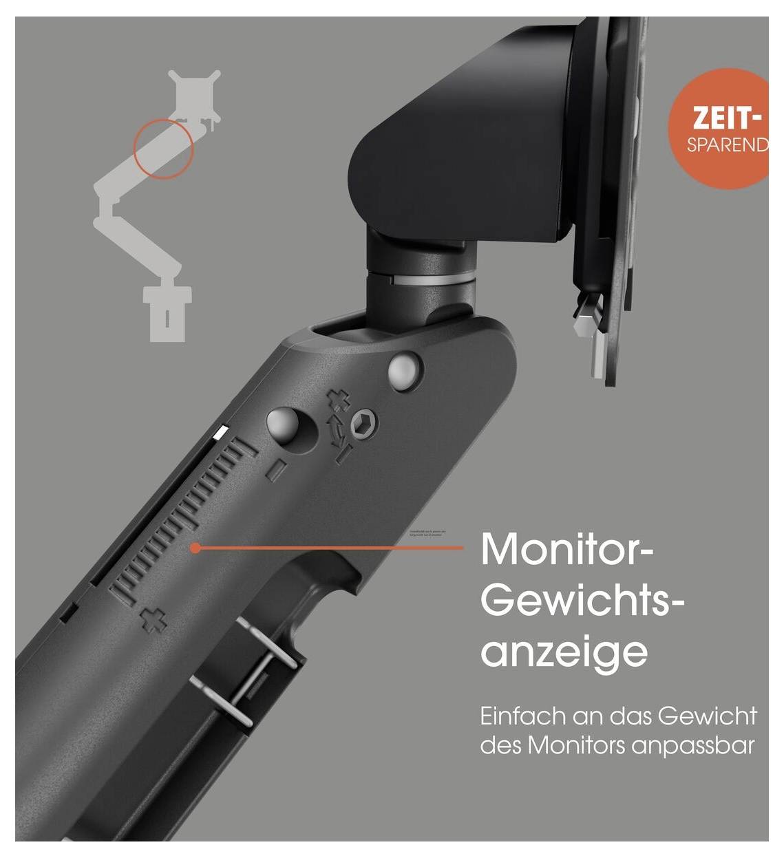 Monitorhalterung zeigt Gewichtsanzeige zur Anpassung an Monitorgewicht. Symbol illustriert Positionierung. Aufschrift: 'ZeiT-SPAREND'.