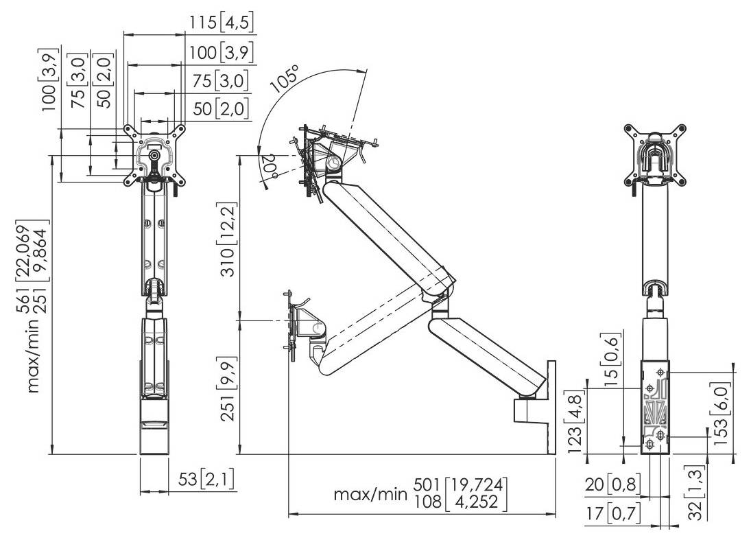 A technical drawing of an adjustable monitor arm, showing dimensions, angles, and components for installation and movement configuration.