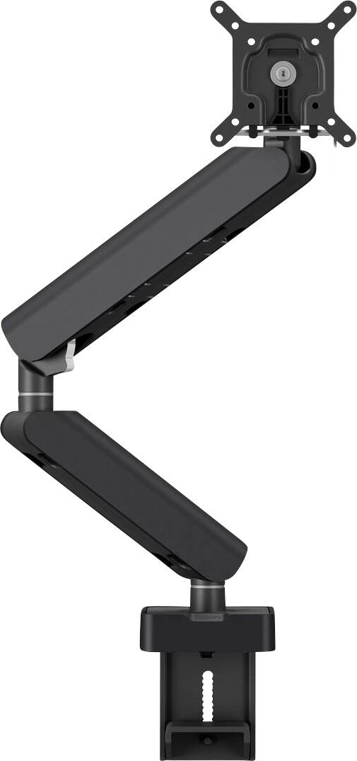 Eine schwarze, verstellbare Monitorhalterung mit mehreren Gelenken und einer Befestigungshalterung, entwickelt für eine ergonomische Positionierung von Computerbildschirmen.