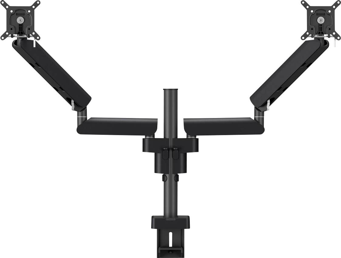 Ein Dual-Arm-Monitorständer mit verstellbaren Armen unterstützt zwei Bildschirme. Der Ständer ist auf einer zentralen Säule montiert, die Höhen- und Winkeleinstellungen ermöglicht.