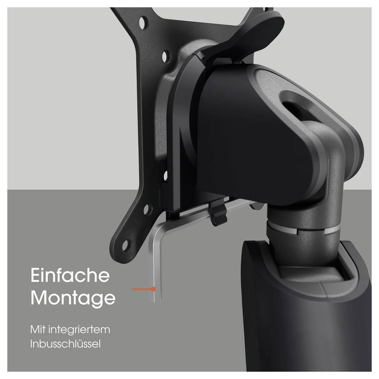 Ein Monitorarm mit einer Halterung. Text: 'Einfache Montage' und 'Mit integriertem Inbusschlüssel'.