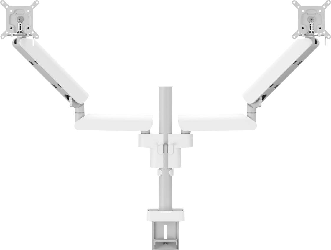 Weißer Doppel-Monitorarm, von vorne gezeigt, mit verstellbaren Armen zum Halten von zwei Monitoren.